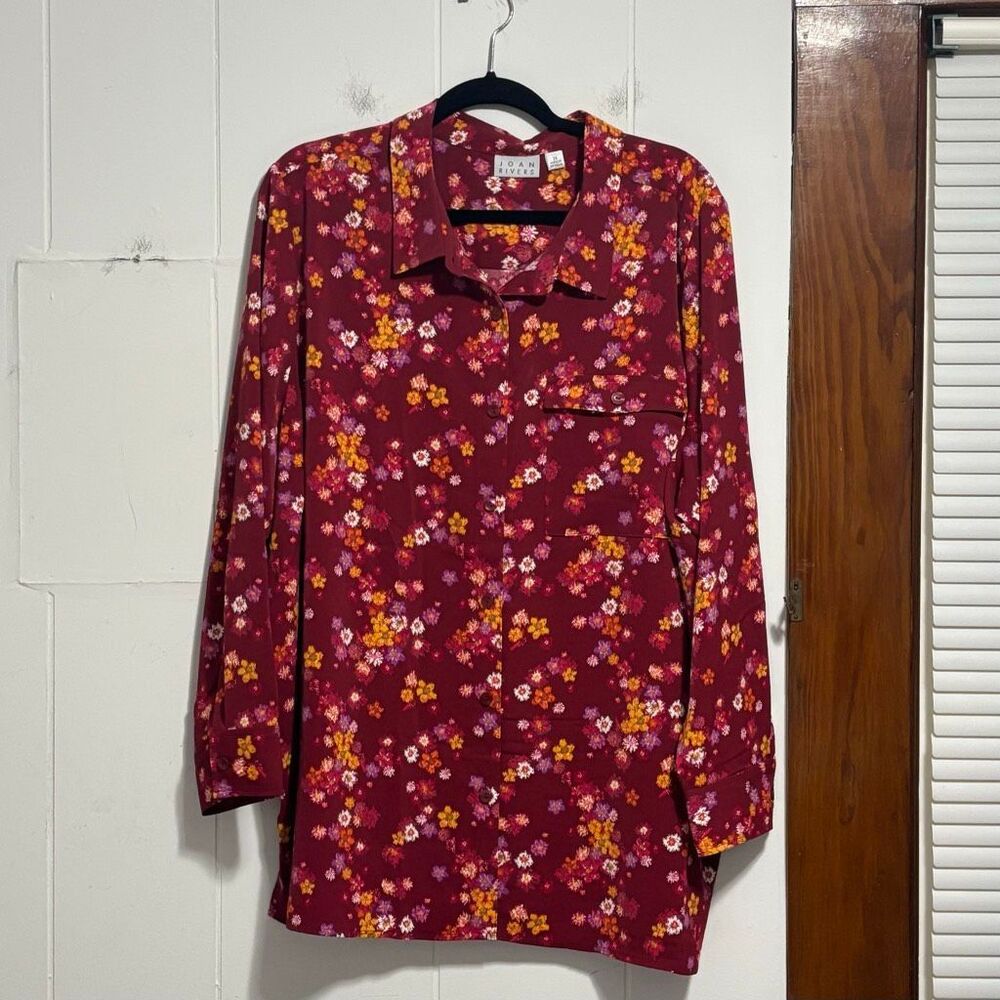 Joan Rivers burgundy floral button down‎ shirt size 2X